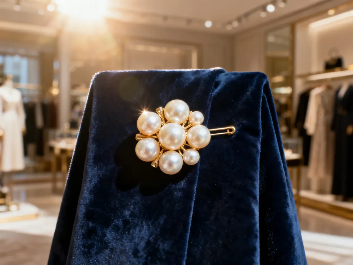 Elegancka broszka z perłami i złotem przypięta do granatowego aksamitu, prezentująca stylizację z biżuterią.