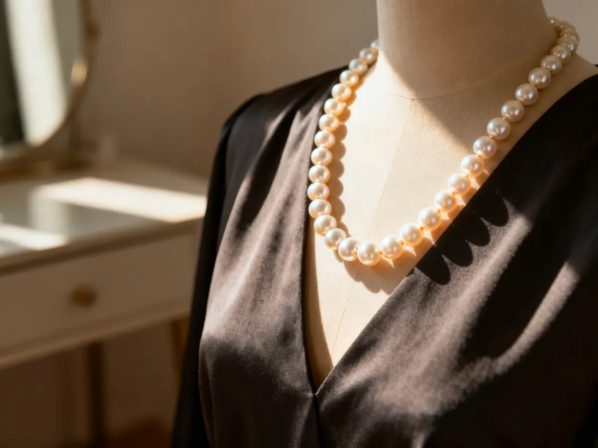 Elegancki naszyjnik z pereł ułożony na ciemnym materiale z dekoltem w serek, podkreślający klasyczny styl biżuterii.