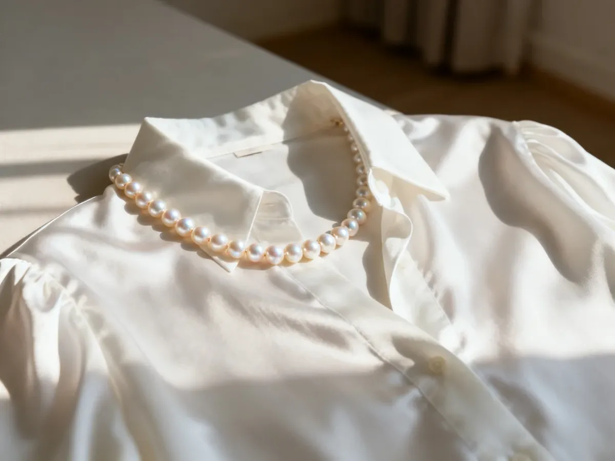 Elegancki naszyjnik z pereł na kołnierzyku białej, jedwabnej bluzki w świetle poranka.