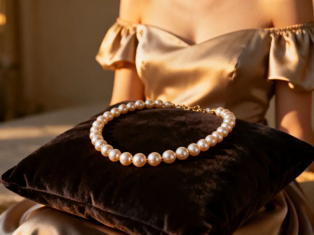 Luksusowy naszyjnik z pereł na aksamitnej poduszce, zestawiony z elegancką suknią z odkrytymi ramionami.