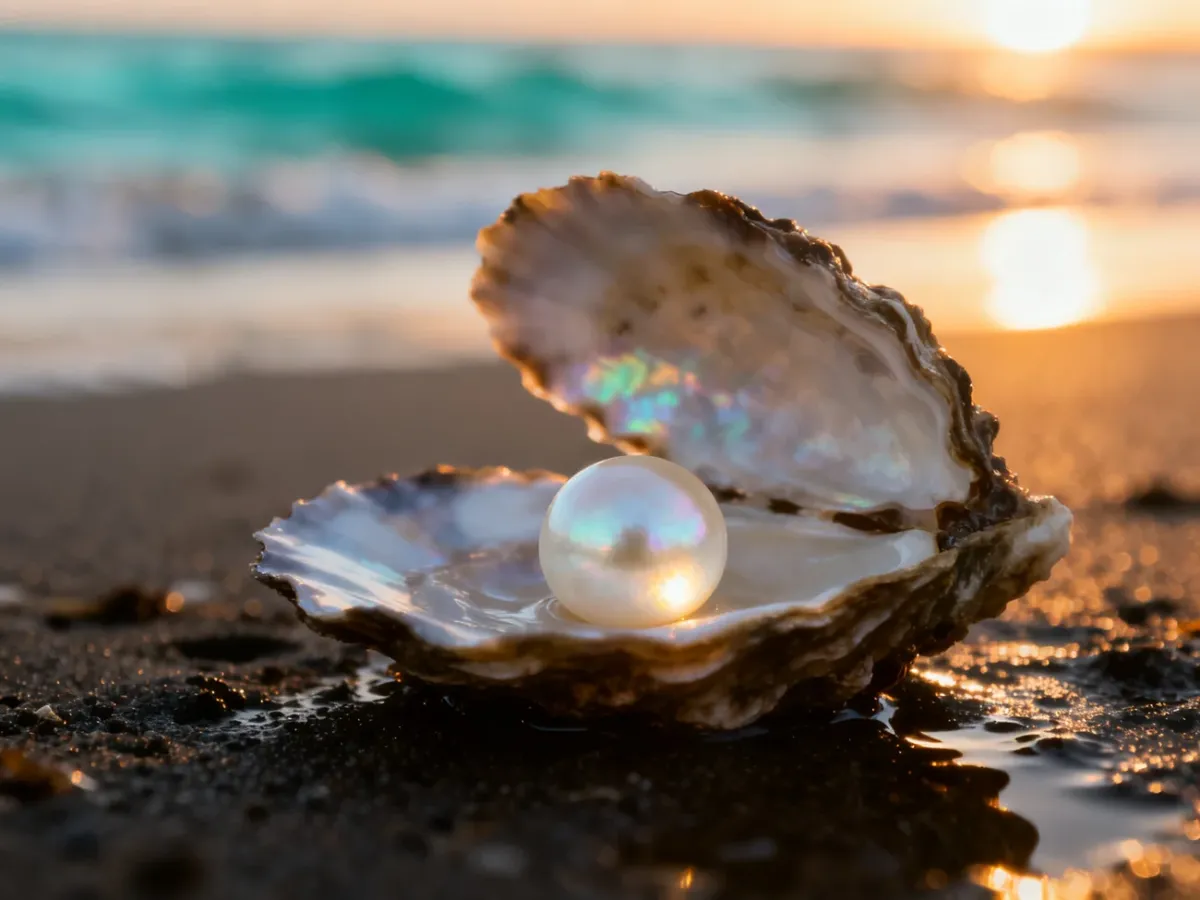 Otwarta muszla ostrygi z lśniącą, białą perłą na piaszczystej plaży podczas zachodu słońca.
