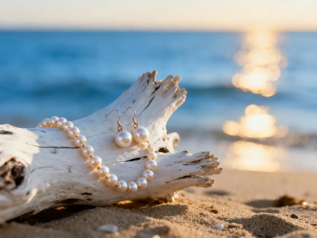 Delikatny naszyjnik i kolczyki z pereł na kawałku drewna na plaży, w tle spokojny ocean w blasku zachodzącego słońca.