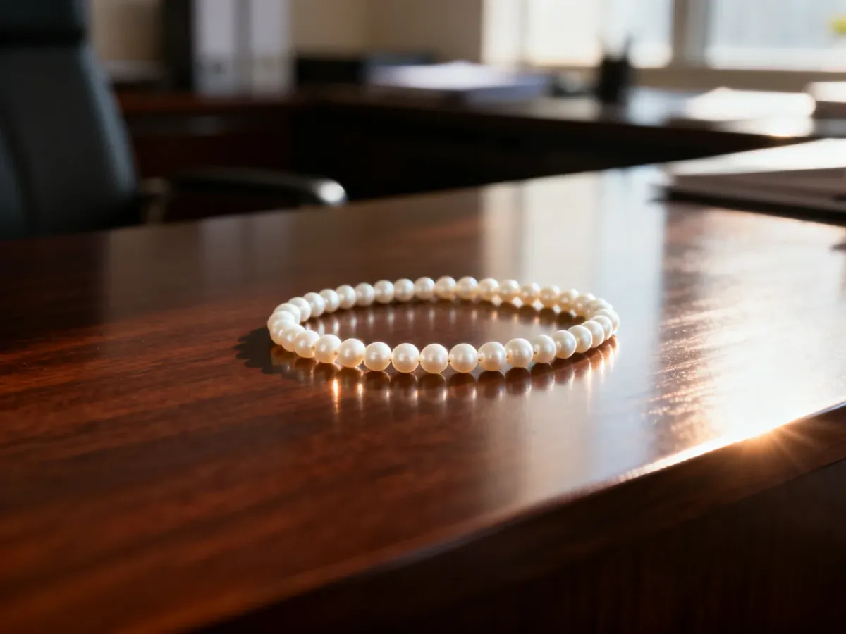 Klasyczny sznur białych pereł leżący na eleganckim biurku w biurowym wnętrzu, podkreślający profesjonalny styl.